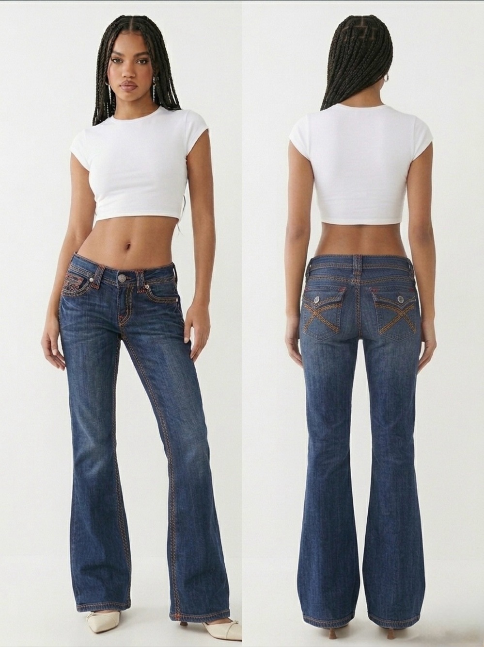 Vintage Y2K KNIGHTED ROYAL NEW Low Rise 6 Flare Contrast Stitch Dark Wash Jeans
